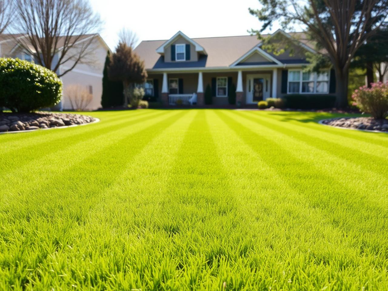 Freshly mowed striped residential lawn with tidy mulched garden beds in front of a house